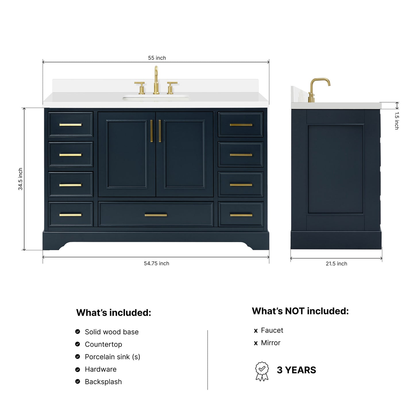 Langford 54-inch Midnight Blue bathroom vanity on dimensions