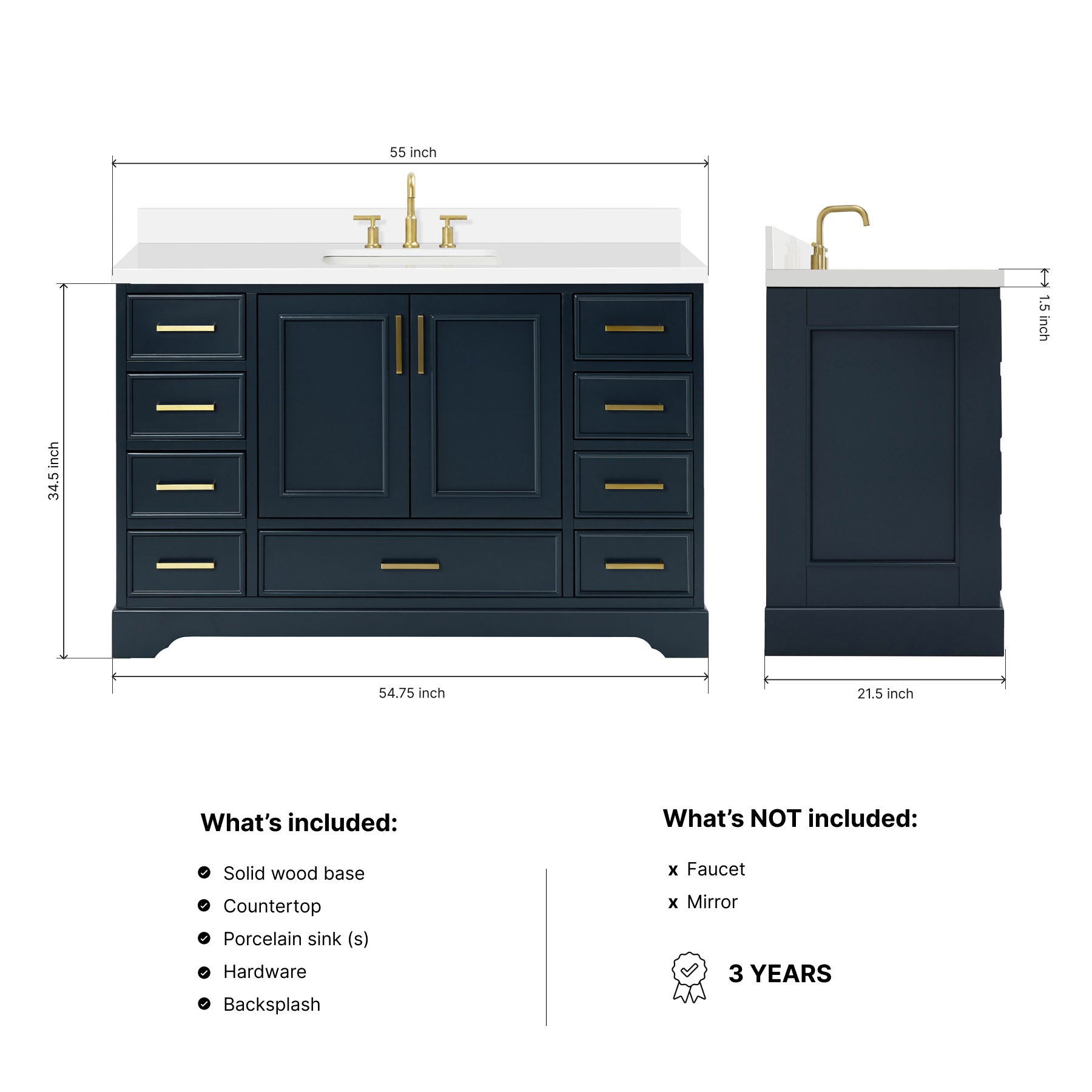 Langford 54-inch Midnight Blue bathroom vanity on dimensions