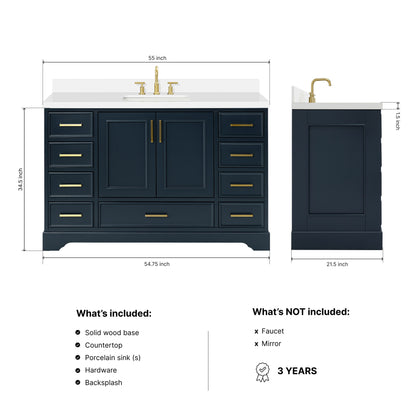 Langford 54-inch Midnight Blue bathroom vanity on dimensions