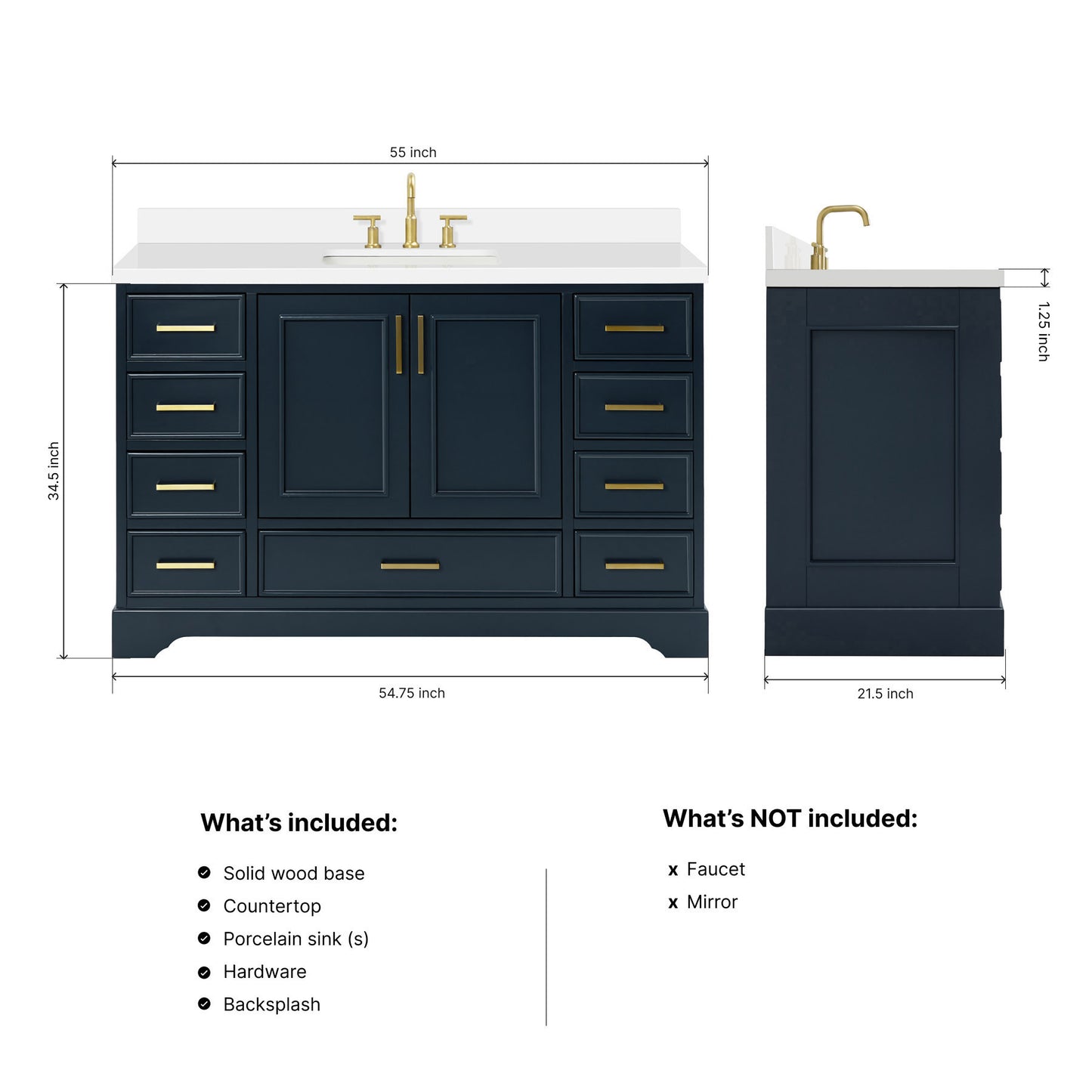 Langford 54-inch Midnight Blue bathroom vanity on dimensions