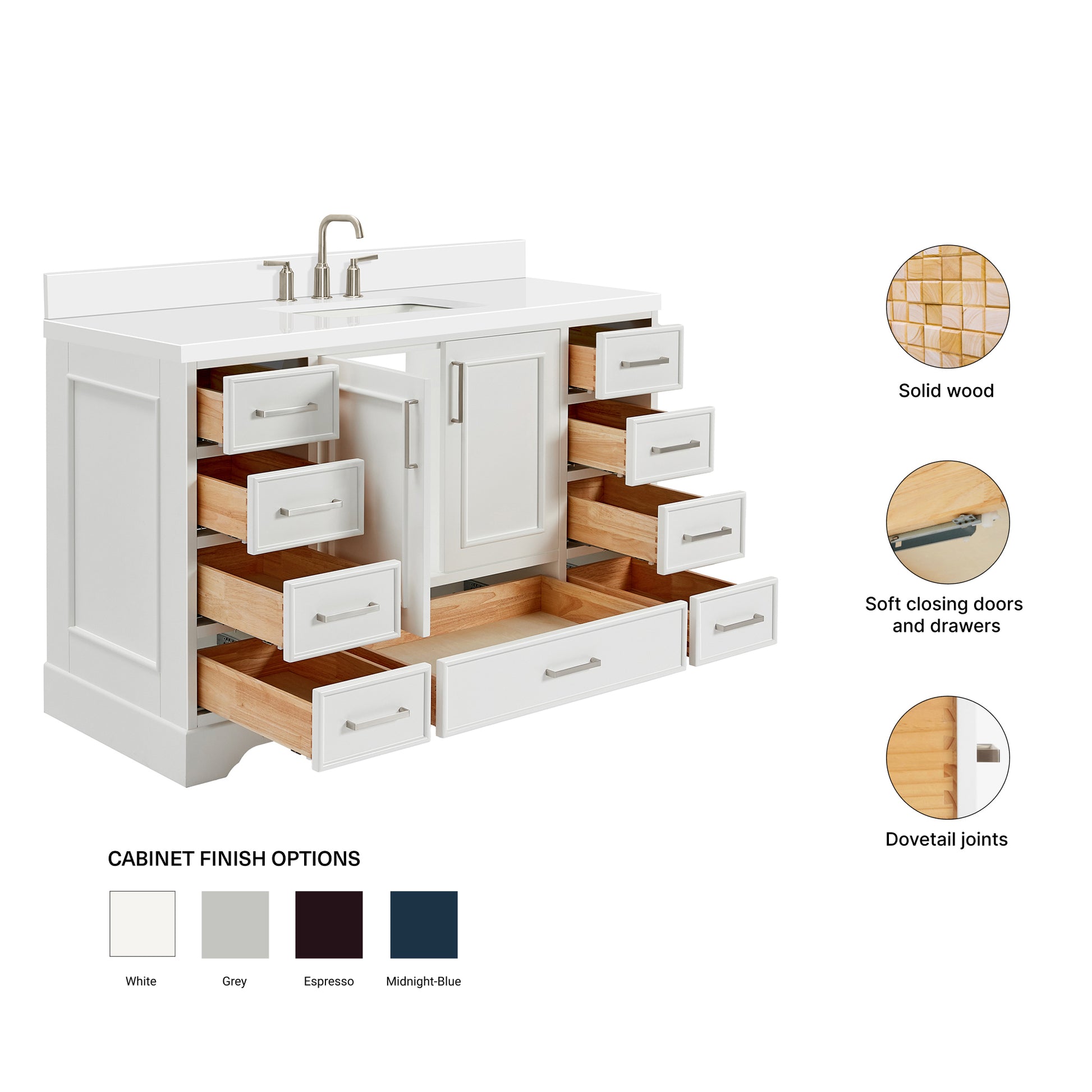 Langford 54-inch White bathroom vanity on feature highlights: solid wood frame, soft-close doors and drawers, Sherwin-Williams paint finish
