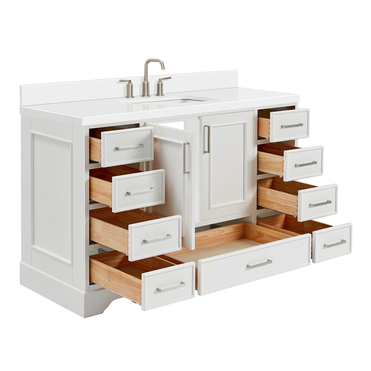 Langford 54-inch White bathroom vanity on white back ground side view open door