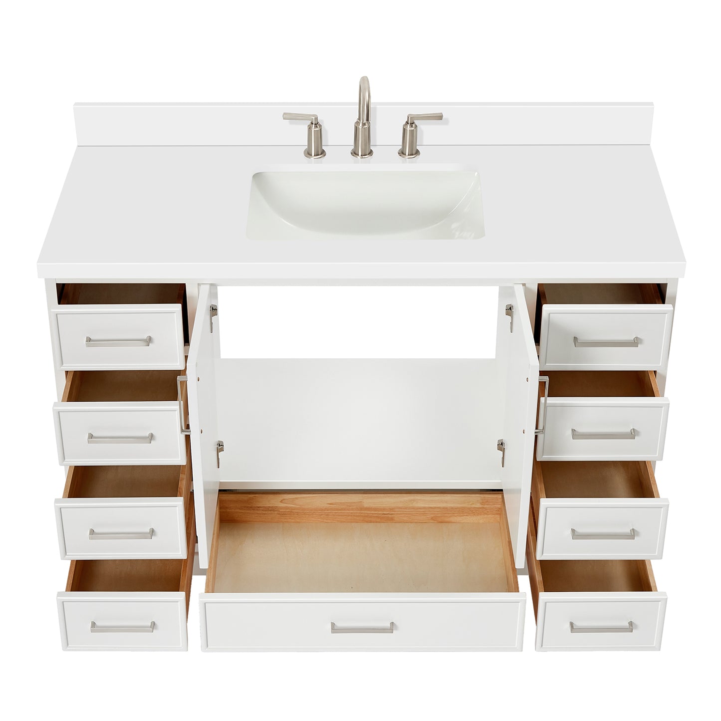Langford 54-inch White bathroom vanity on white back ground front view open door
