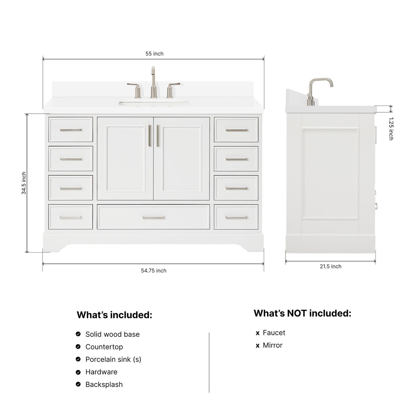 Langford 54-inch White bathroom vanity on dimensions