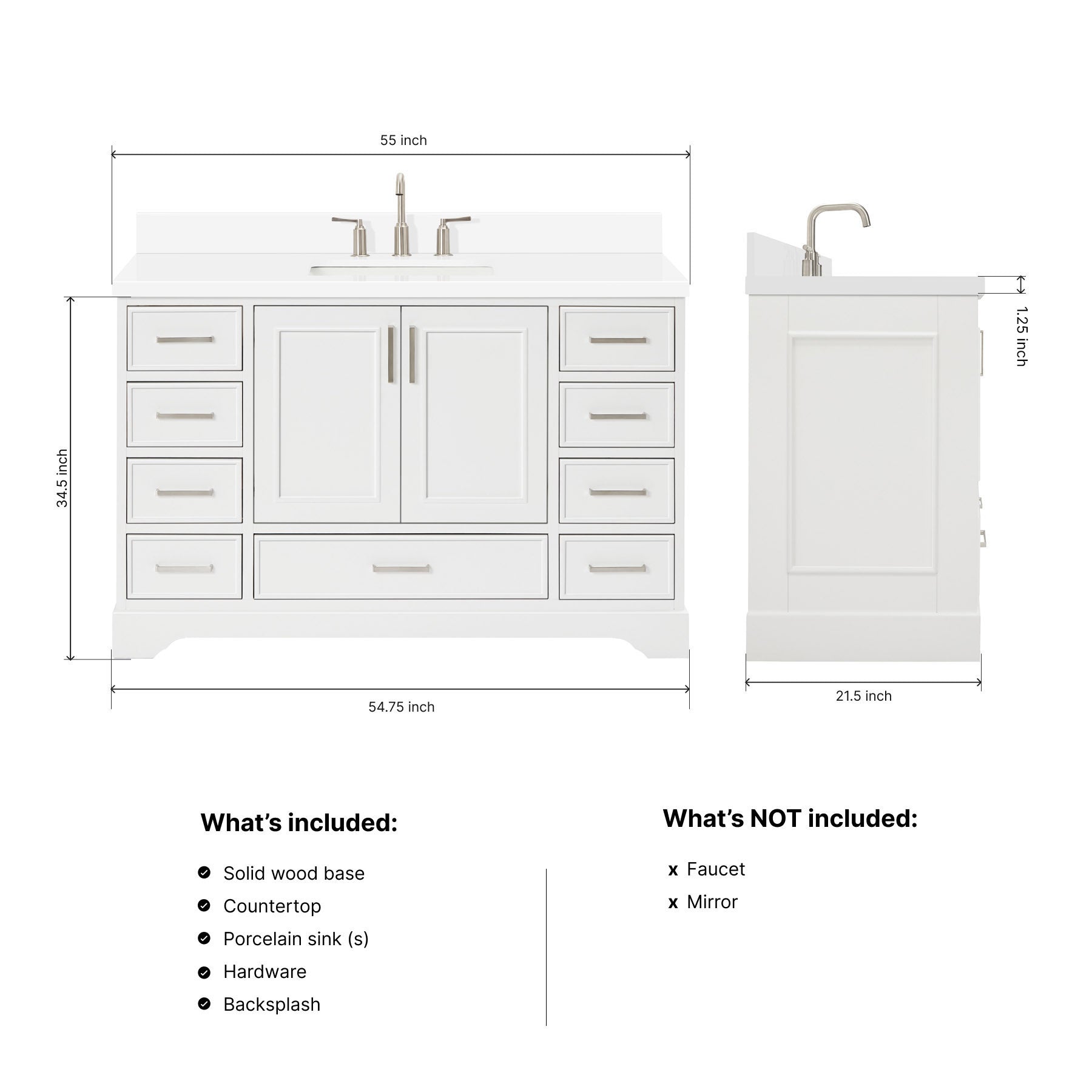 Langford 54-inch White bathroom vanity on dimensions