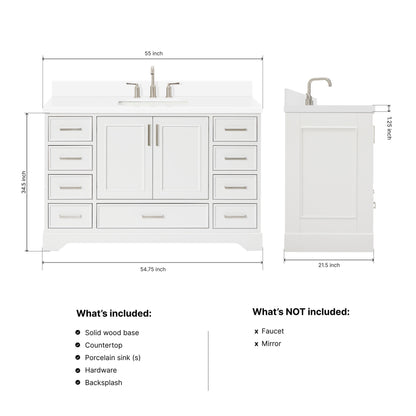 Langford 54-inch White bathroom vanity on dimensions