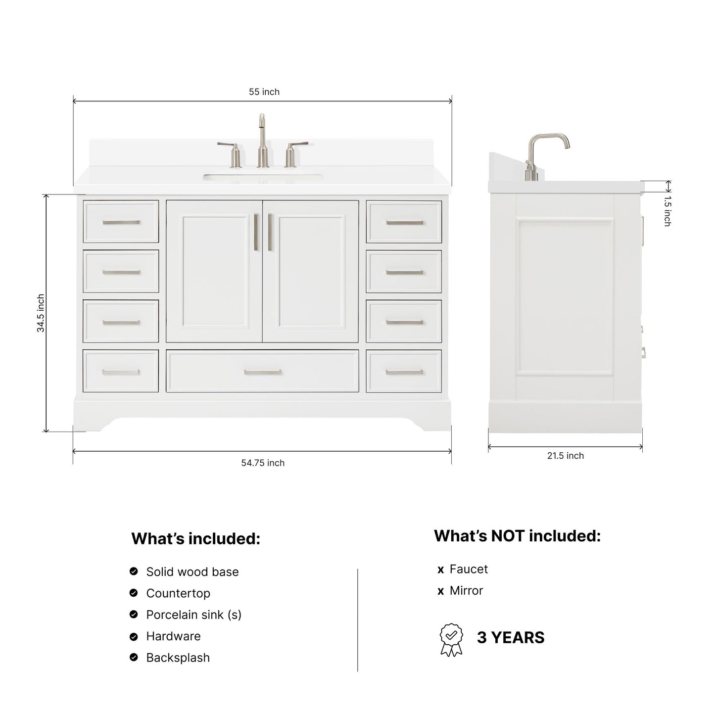 Langford 54-inch White bathroom vanity on dimensions