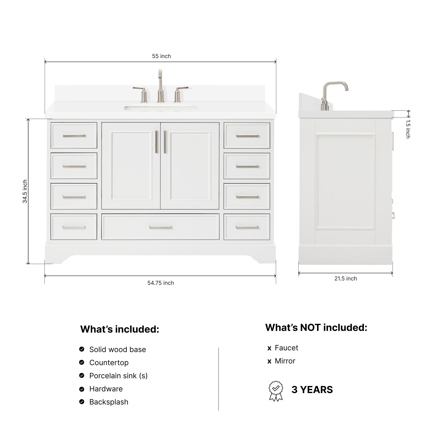 Langford 54-inch White bathroom vanity on dimensions