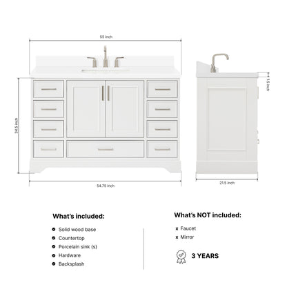 Langford 54-inch White bathroom vanity on dimensions