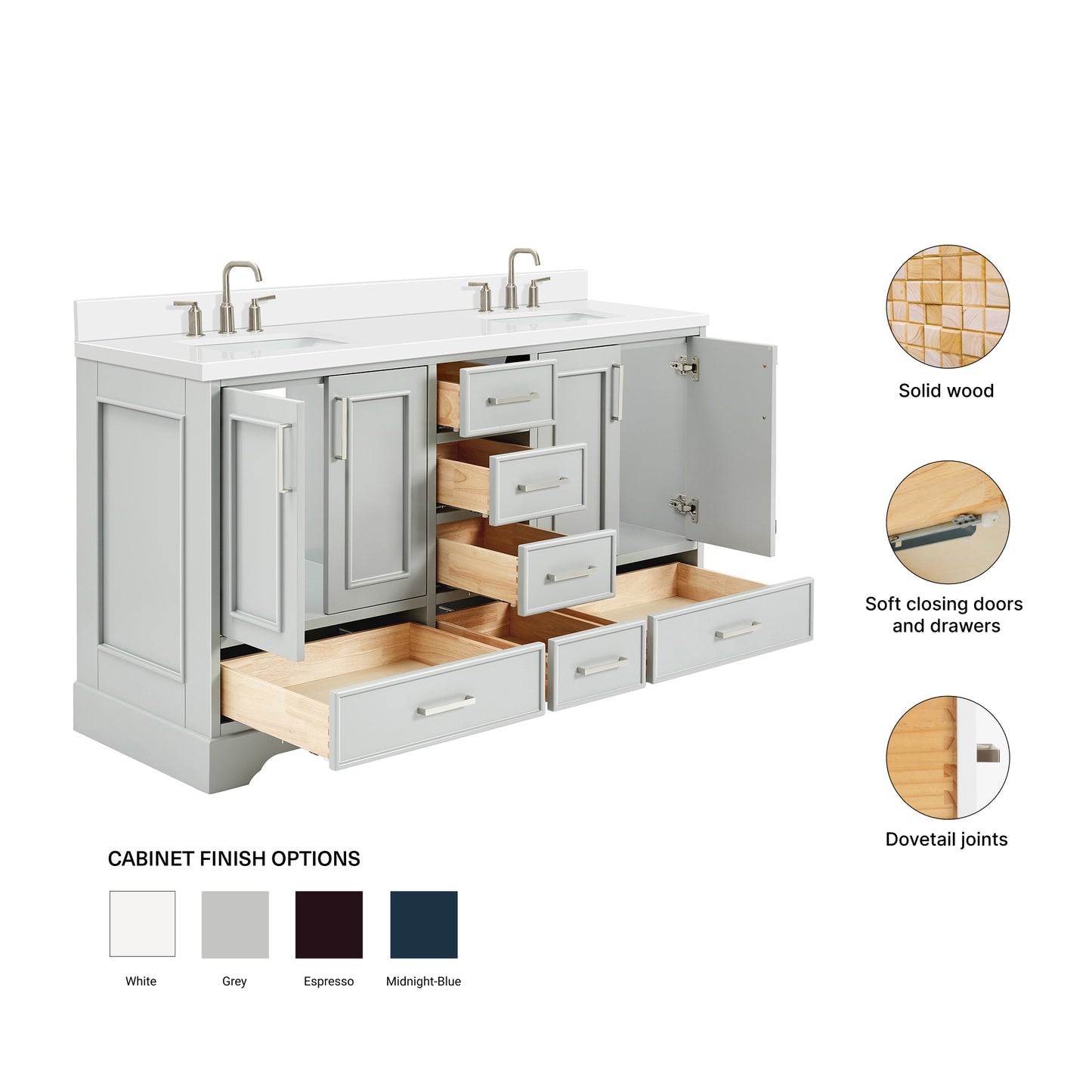 Langford 60-inch Grey bathroom vanity on feature highlights: solid wood frame, soft-close doors and drawers, Sherwin-Williams paint finish