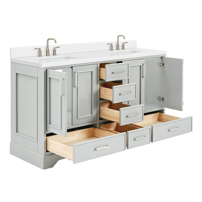 Langford 60-inch Grey bathroom vanity on white back ground side view open door