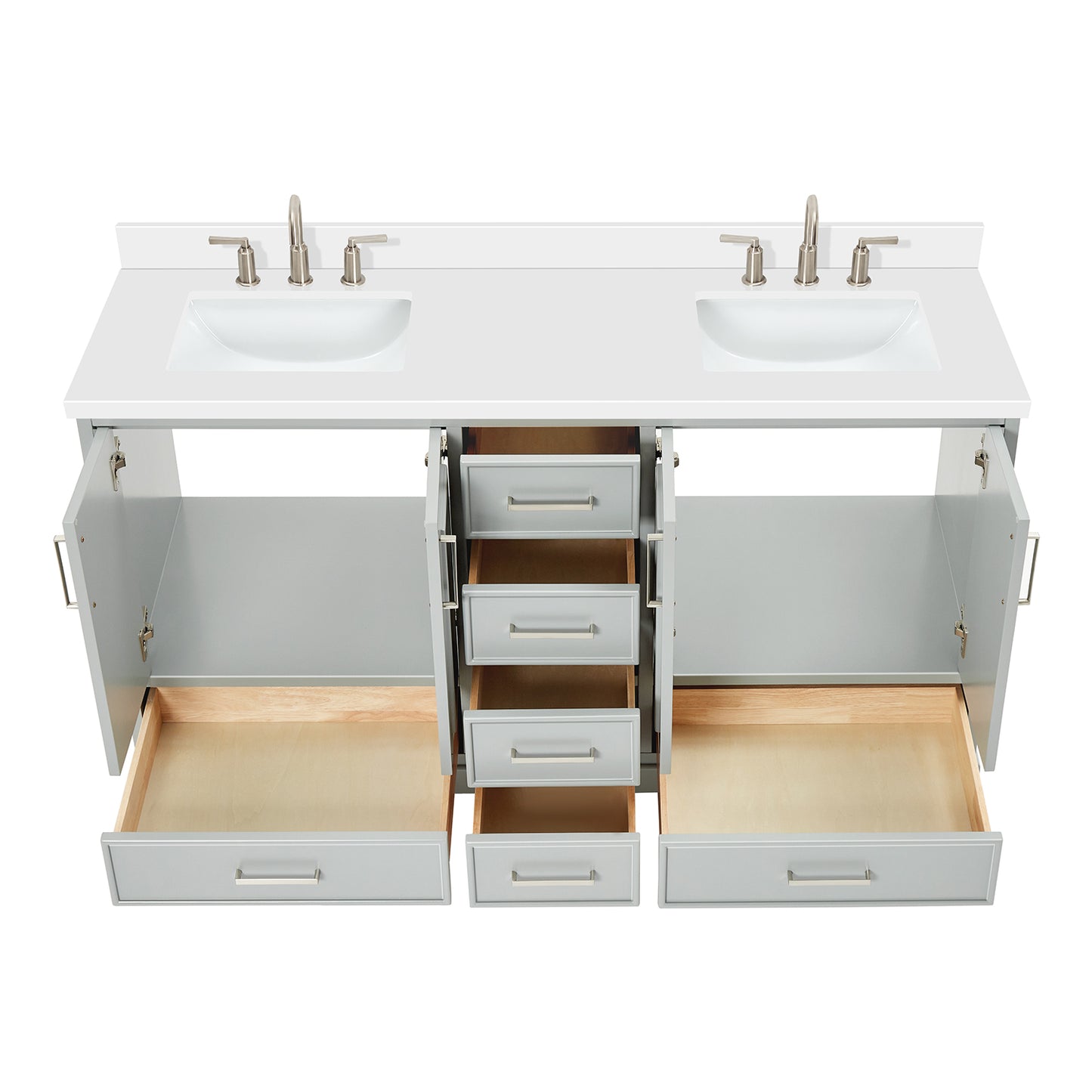 Langford 60-inch Grey bathroom vanity on white back ground front view open door