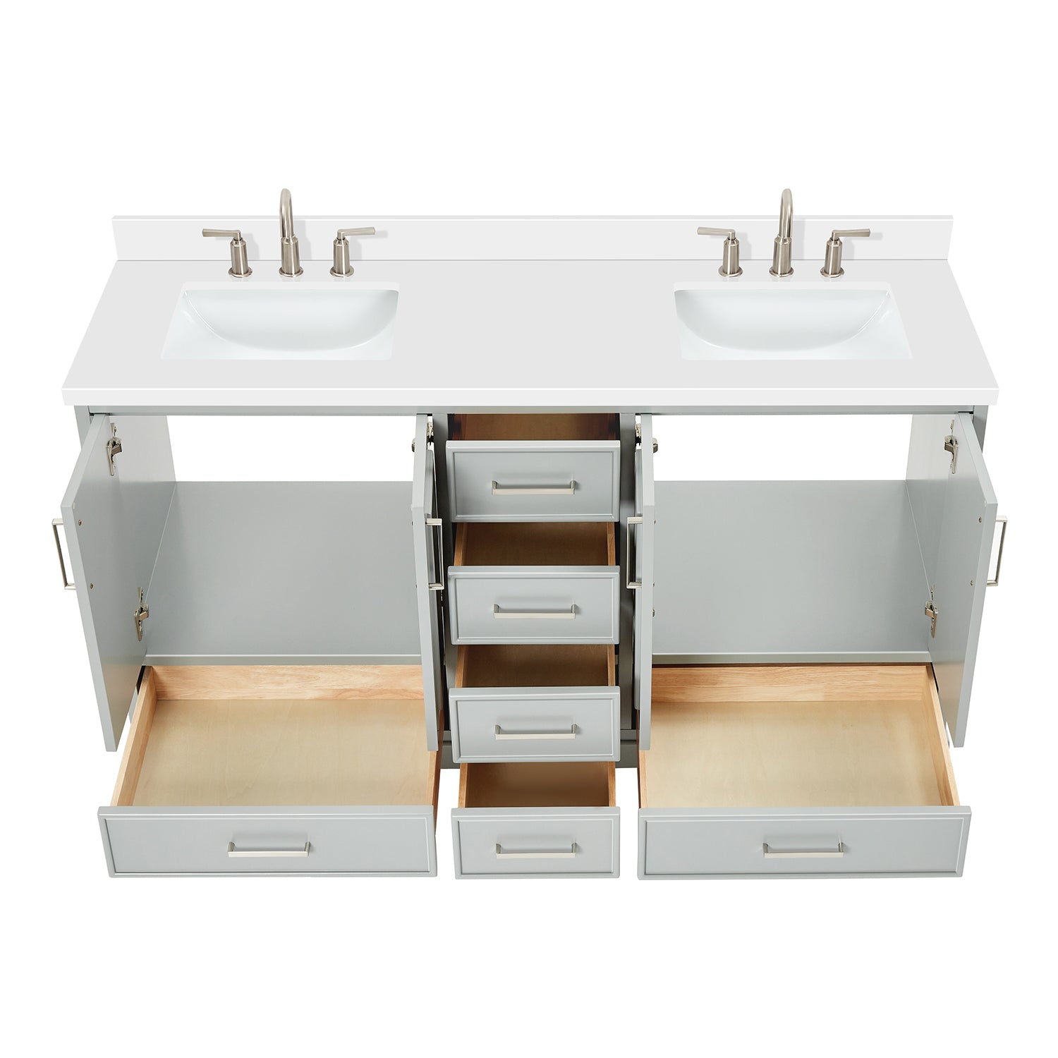 Langford 60-inch Grey bathroom vanity on white back ground front view open door