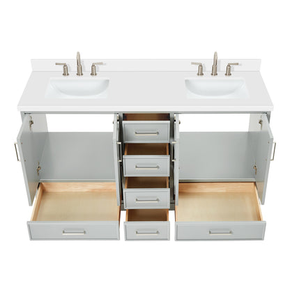 Langford 60-inch Grey bathroom vanity on white back ground front view open door