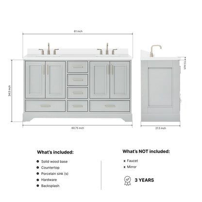 Langford 60-inch Grey bathroom vanity on dimensions