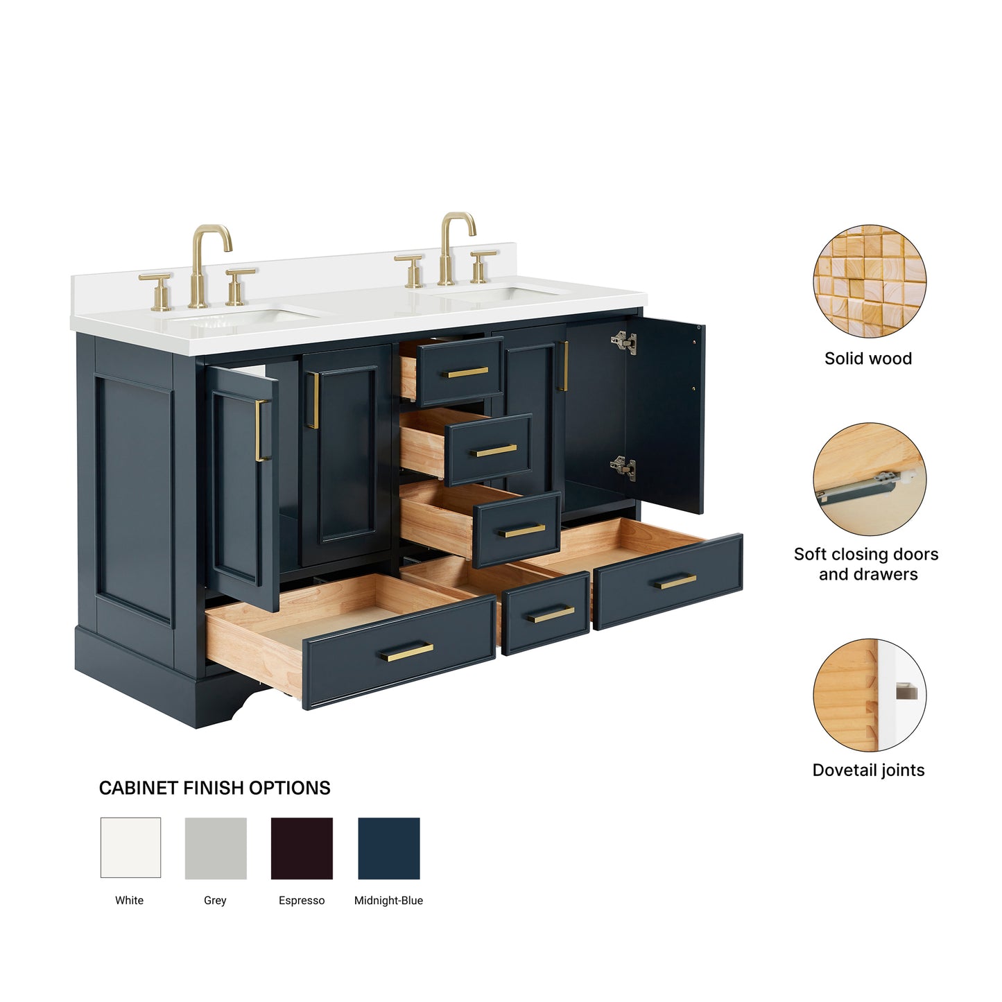 Langford 60-inch Midnight Blue bathroom vanity on feature highlights: solid wood frame, soft-close doors and drawers, Sherwin-Williams paint finish