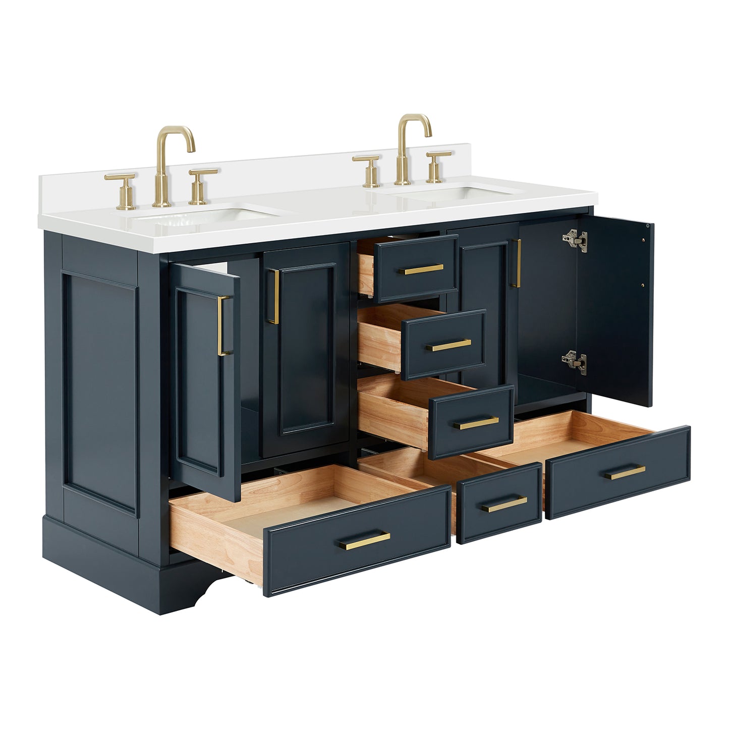 Langford 60-inch Midnight Blue bathroom vanity on white back ground side view open door