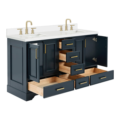 Langford 60-inch Midnight Blue bathroom vanity on white back ground side view open door