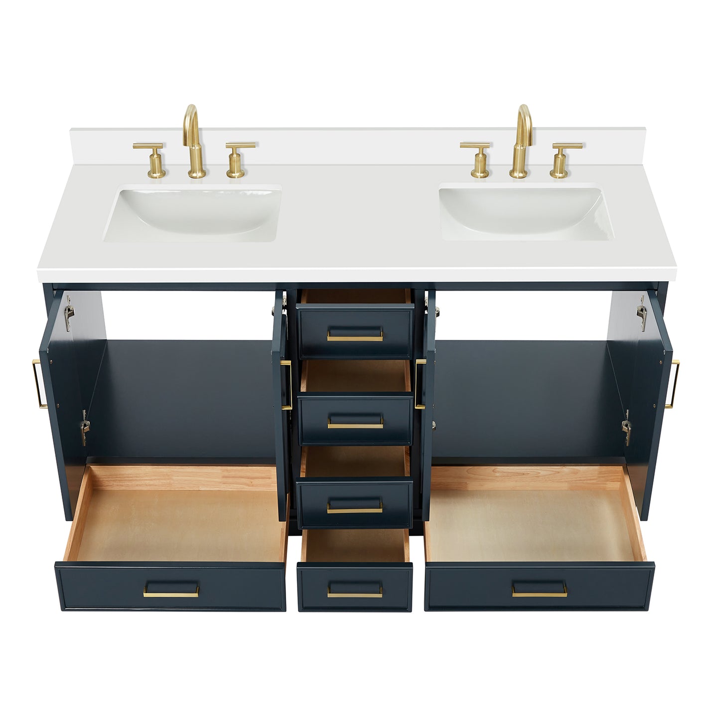 Langford 60-inch Midnight Blue bathroom vanity on white back ground front view open door