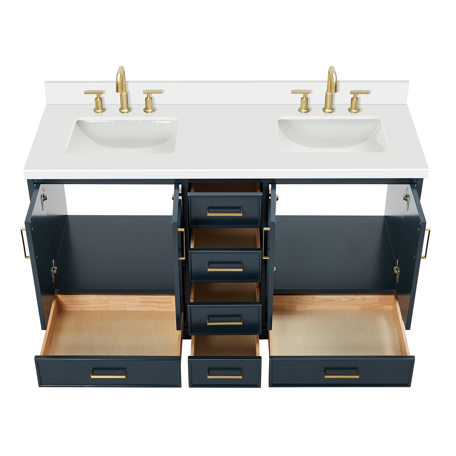 Langford 60-inch Midnight Blue bathroom vanity on white back ground front view open door
