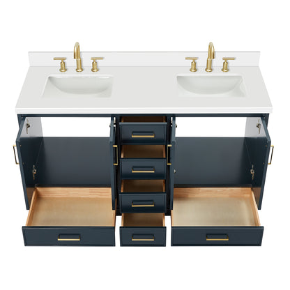 Langford 60-inch Midnight Blue bathroom vanity on white back ground front view open door