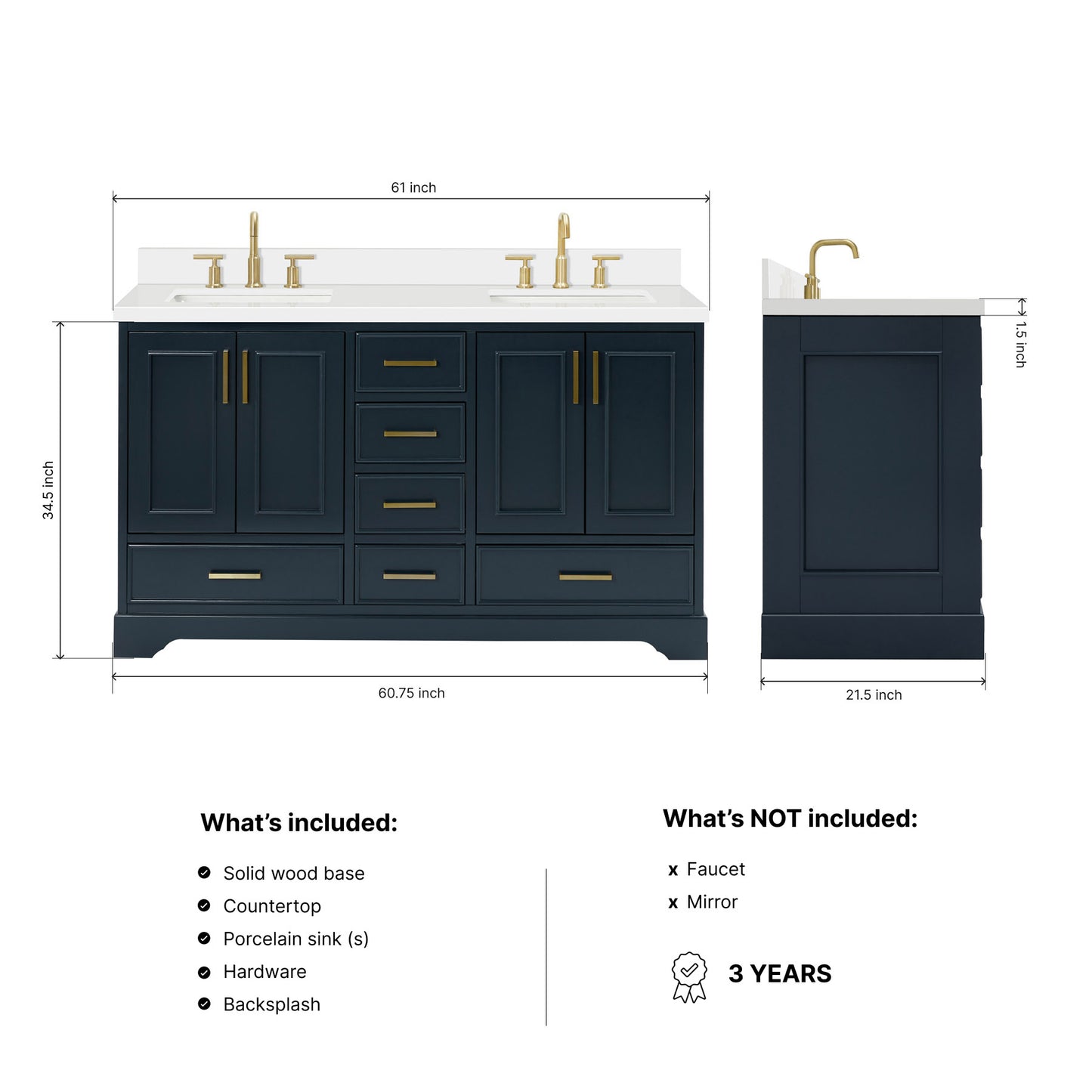 Langford 60-inch Midnight Blue bathroom vanity on dimensions