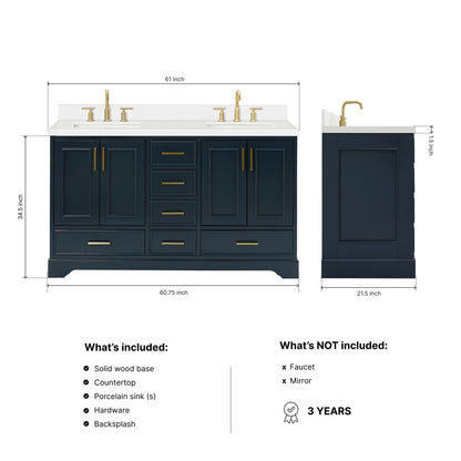 Langford 60-inch Midnight Blue bathroom vanity on dimensions