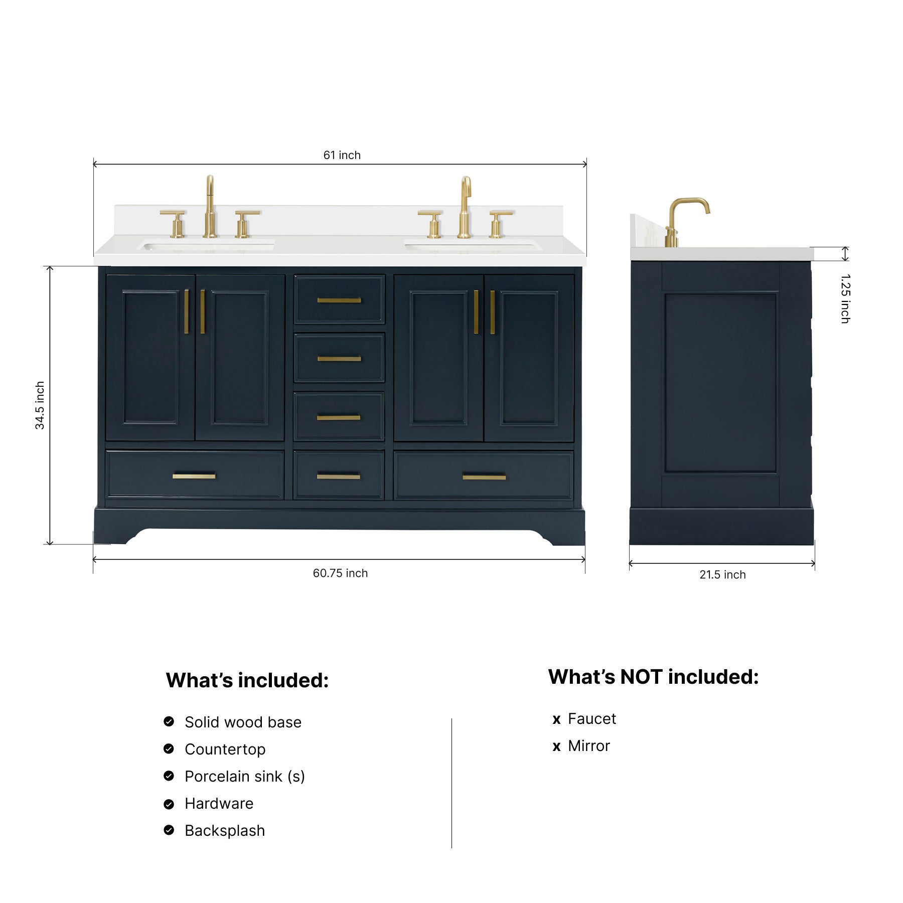 Langford 60-inch Midnight Blue bathroom vanity on dimensions