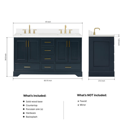 Langford 60-inch Midnight Blue bathroom vanity on dimensions