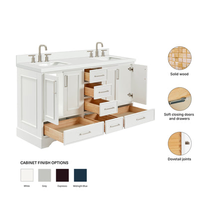 Langford 60-inch White bathroom vanity on feature highlights: solid wood frame, soft-close doors and drawers, Sherwin-Williams paint finish