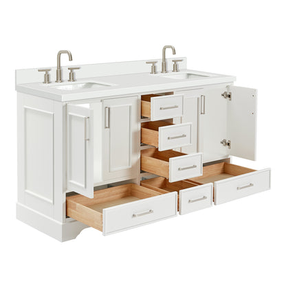 Langford 60-inch White bathroom vanity on white back ground side view open door