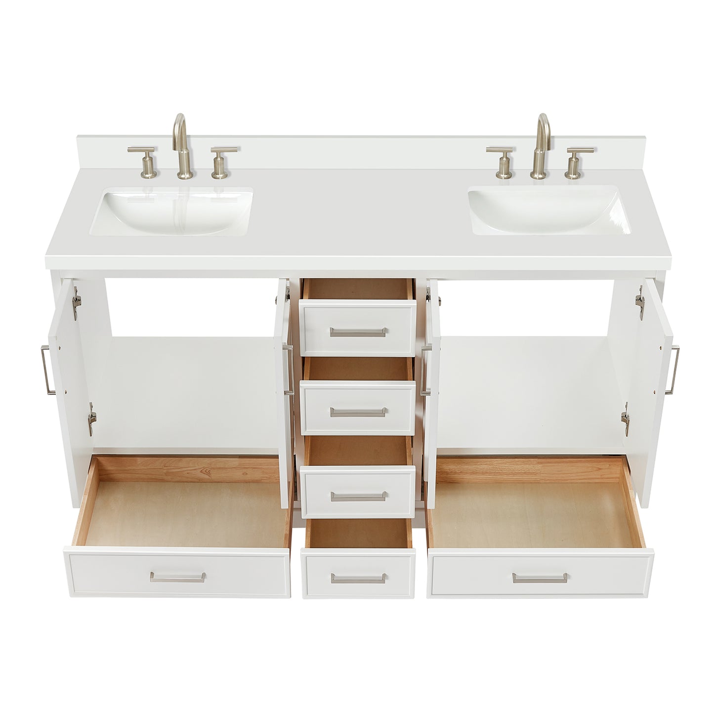 Langford 60-inch White bathroom vanity on white back ground front view open door