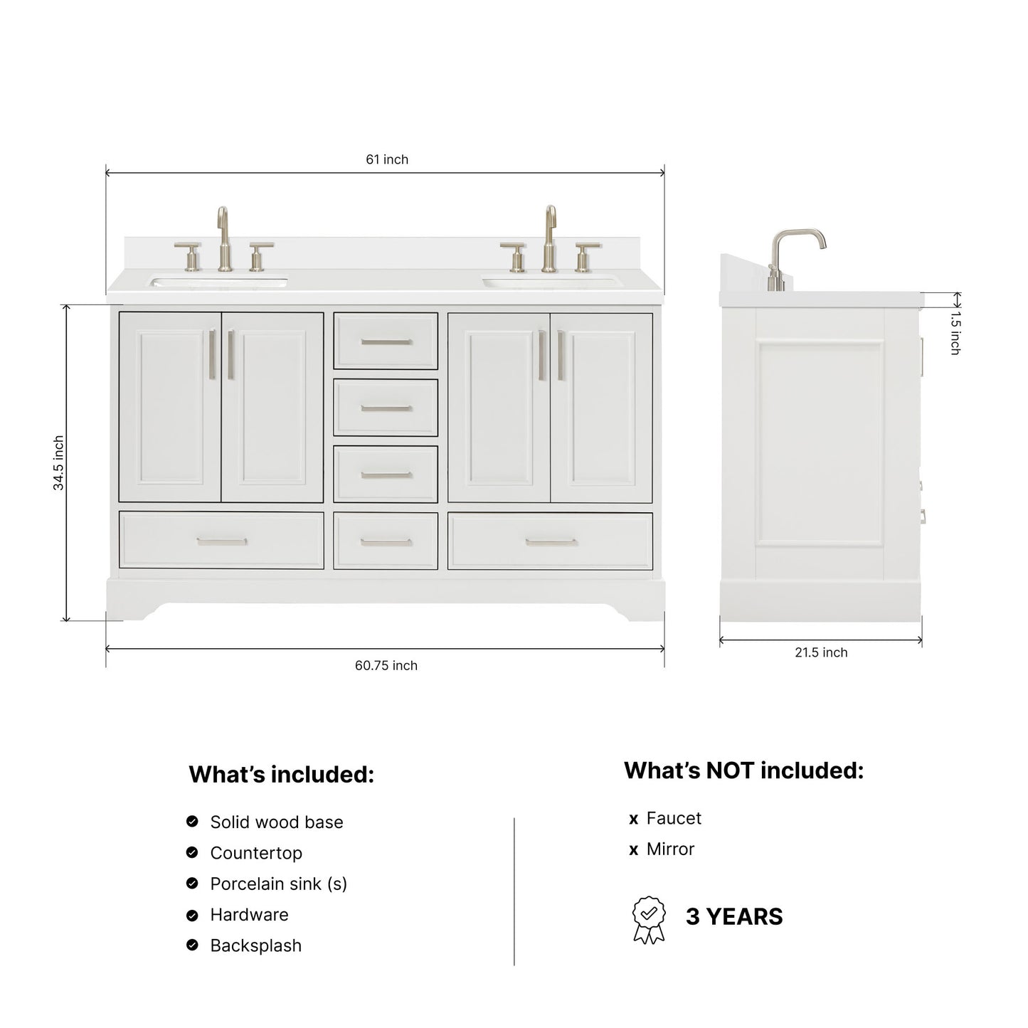 Langford 60-inch White bathroom vanity on dimensions