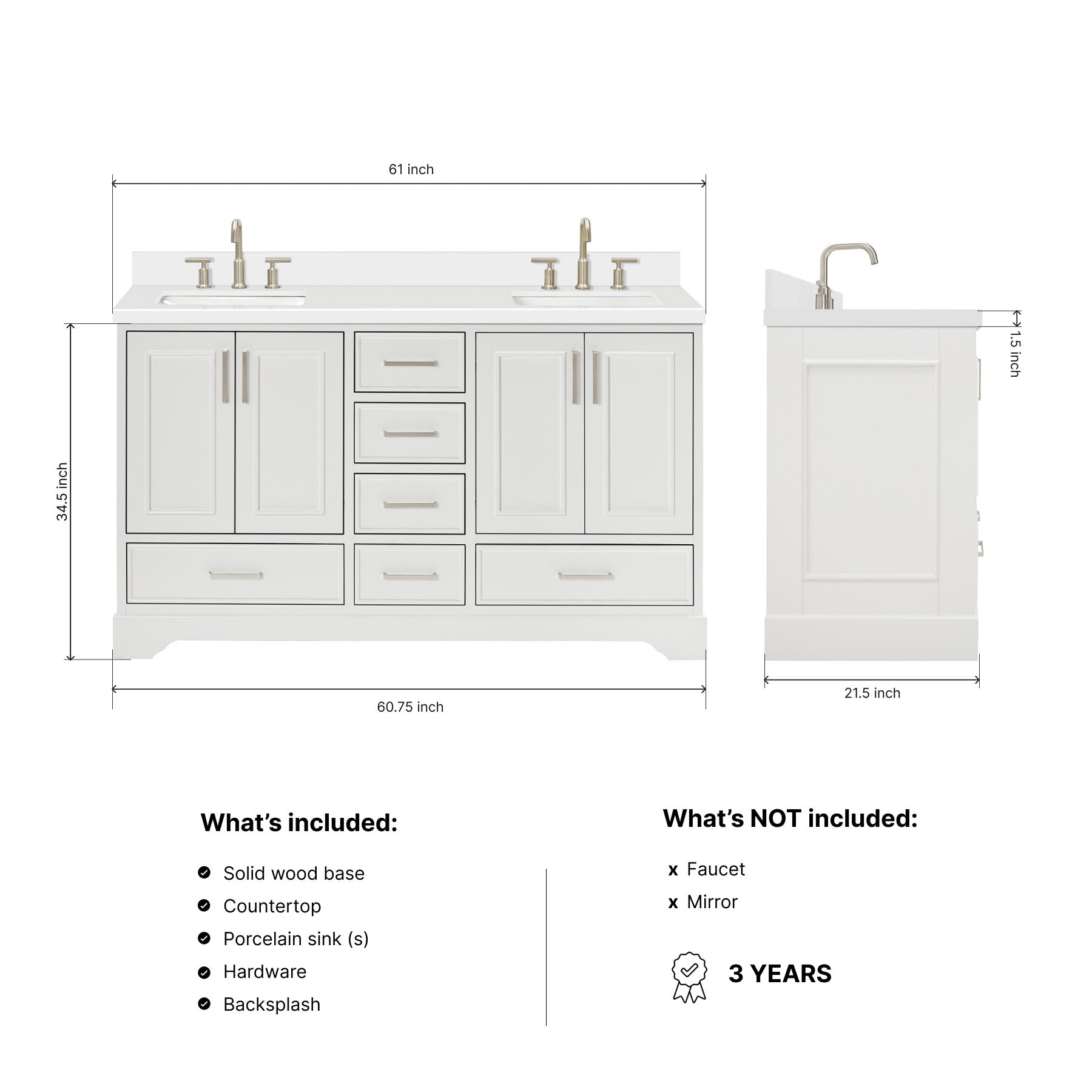 Langford 60-inch White bathroom vanity on dimensions