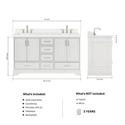 Langford 60-inch White bathroom vanity on dimensions