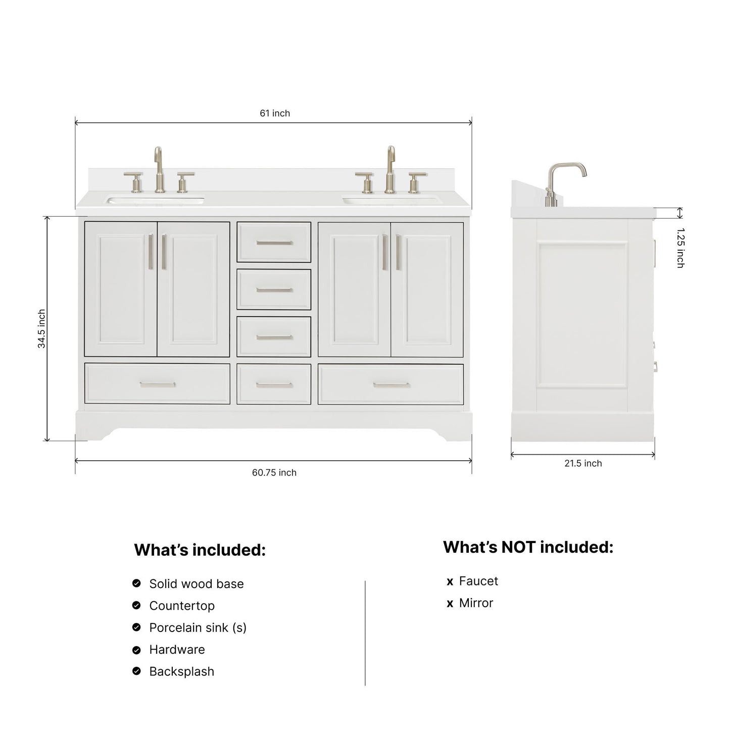 Langford 60-inch White bathroom vanity on dimensions