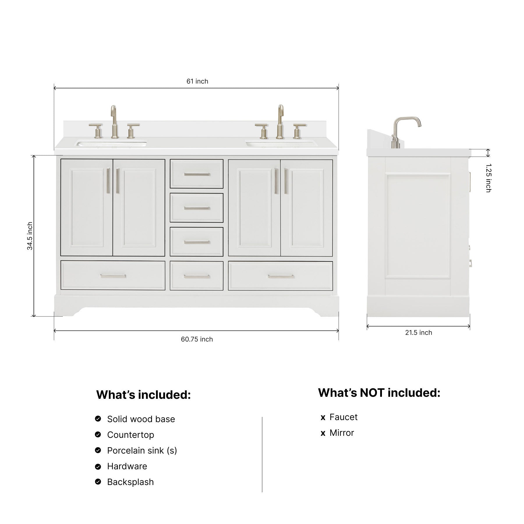 Langford 60-inch White bathroom vanity on dimensions