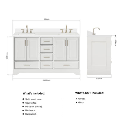Langford 60-inch White bathroom vanity on dimensions