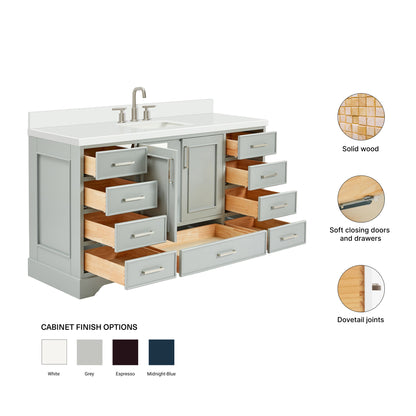 Langford 60-inch Grey bathroom vanity on feature highlights: solid wood frame, soft-close doors and drawers, Sherwin-Williams paint finish