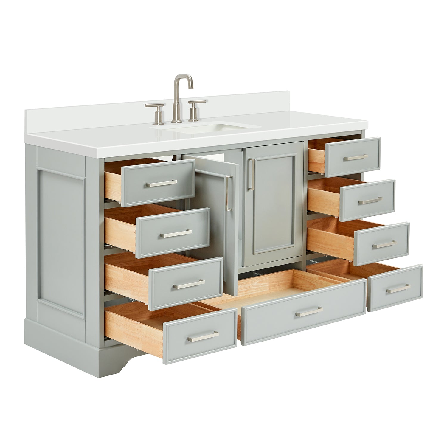 Langford 60-inch Grey bathroom vanity on white back ground side view open door