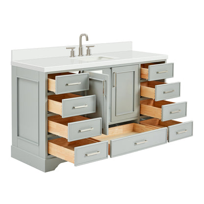 Langford 60-inch Grey bathroom vanity on white back ground side view open door