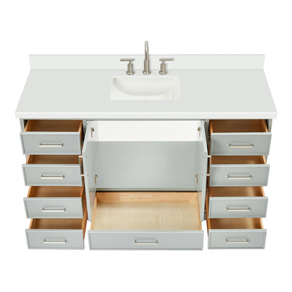 Langford 60-inch Grey bathroom vanity on white back ground front view open door