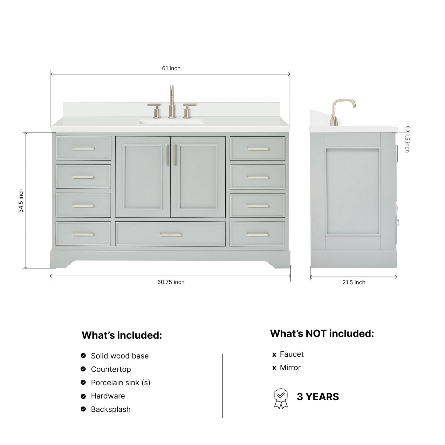 Langford 60-inch Grey bathroom vanity on dimensions