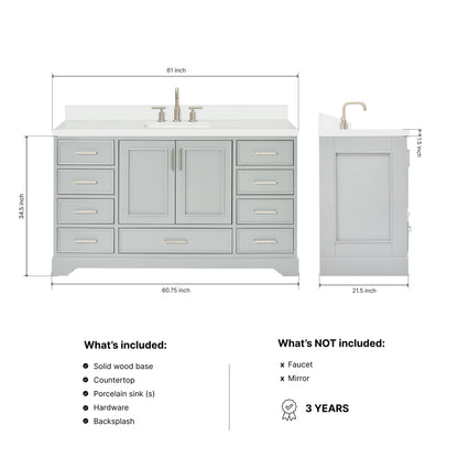 Langford 60-inch Grey bathroom vanity on dimensions