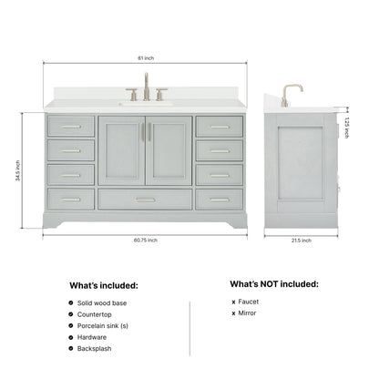 Langford 60-inch Grey bathroom vanity on dimensions