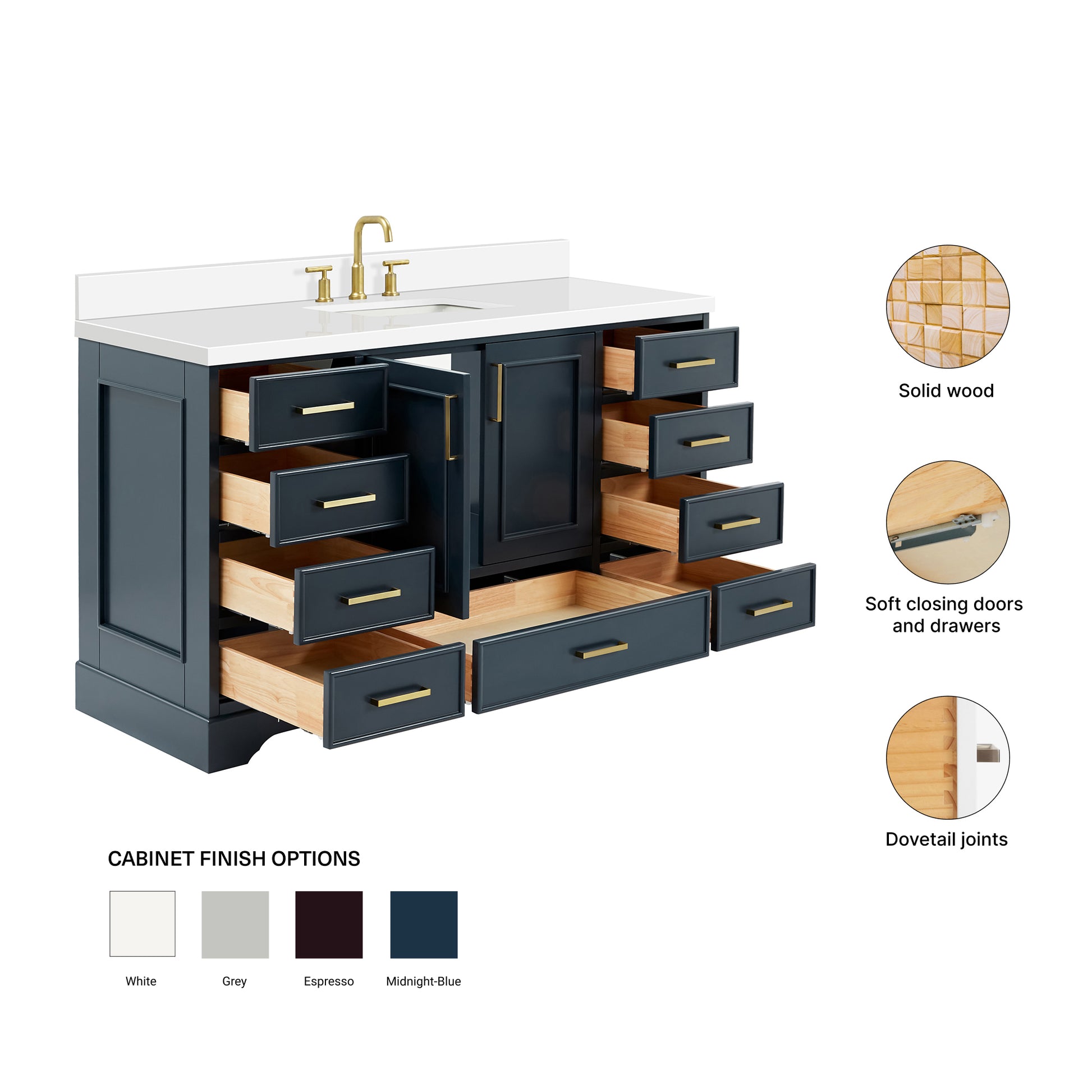 Langford 60-inch Midnight Blue bathroom vanity on feature highlights: solid wood frame, soft-close doors and drawers, Sherwin-Williams paint finish