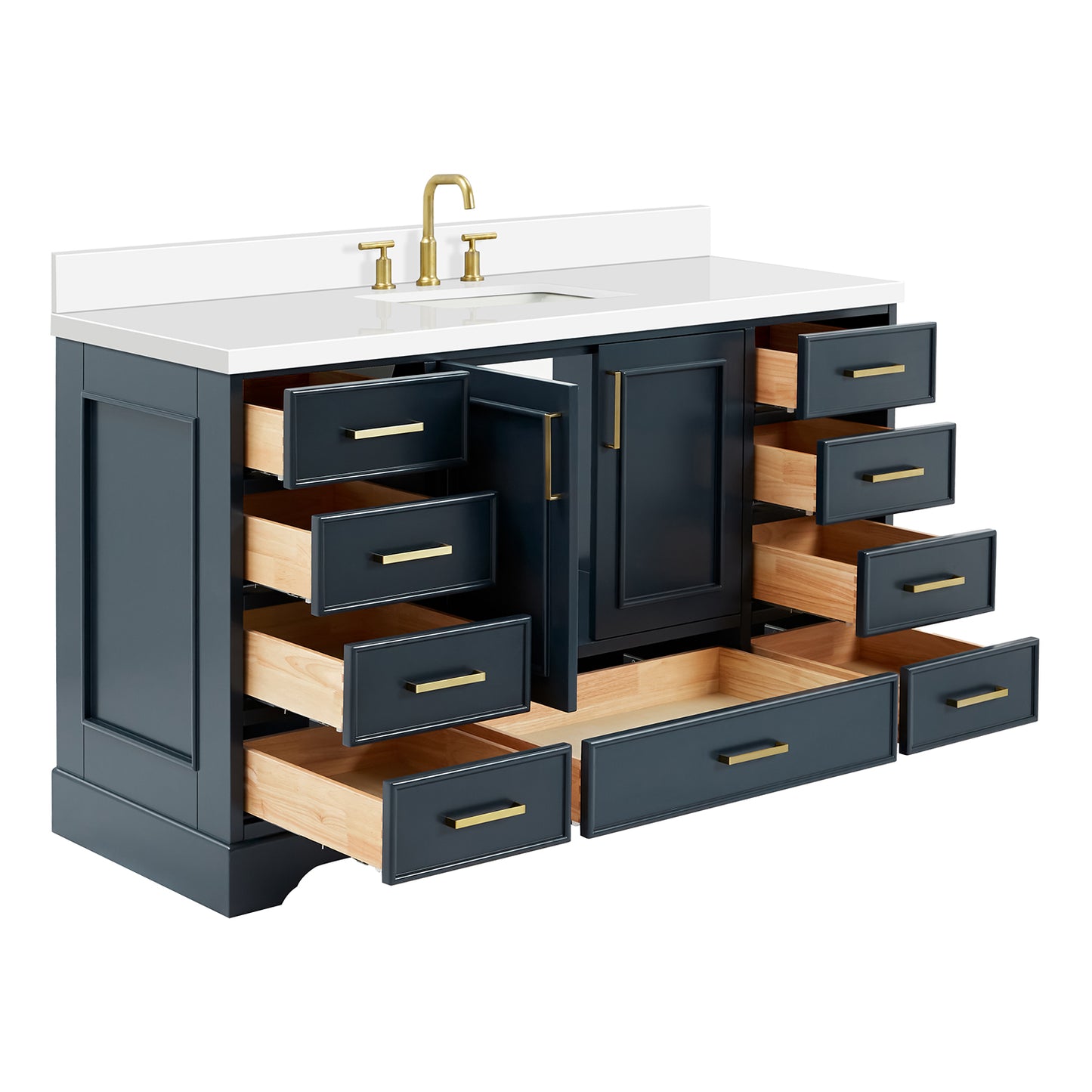 Langford 60-inch Midnight Blue bathroom vanity on white back ground side view open door