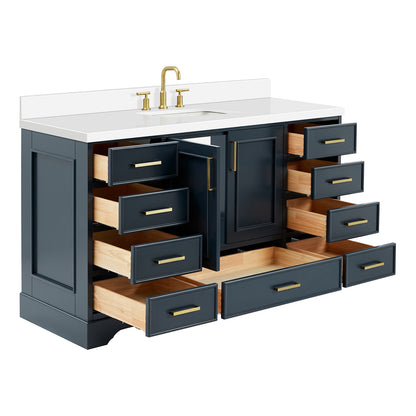 Langford 60-inch Midnight Blue bathroom vanity on white back ground side view open door