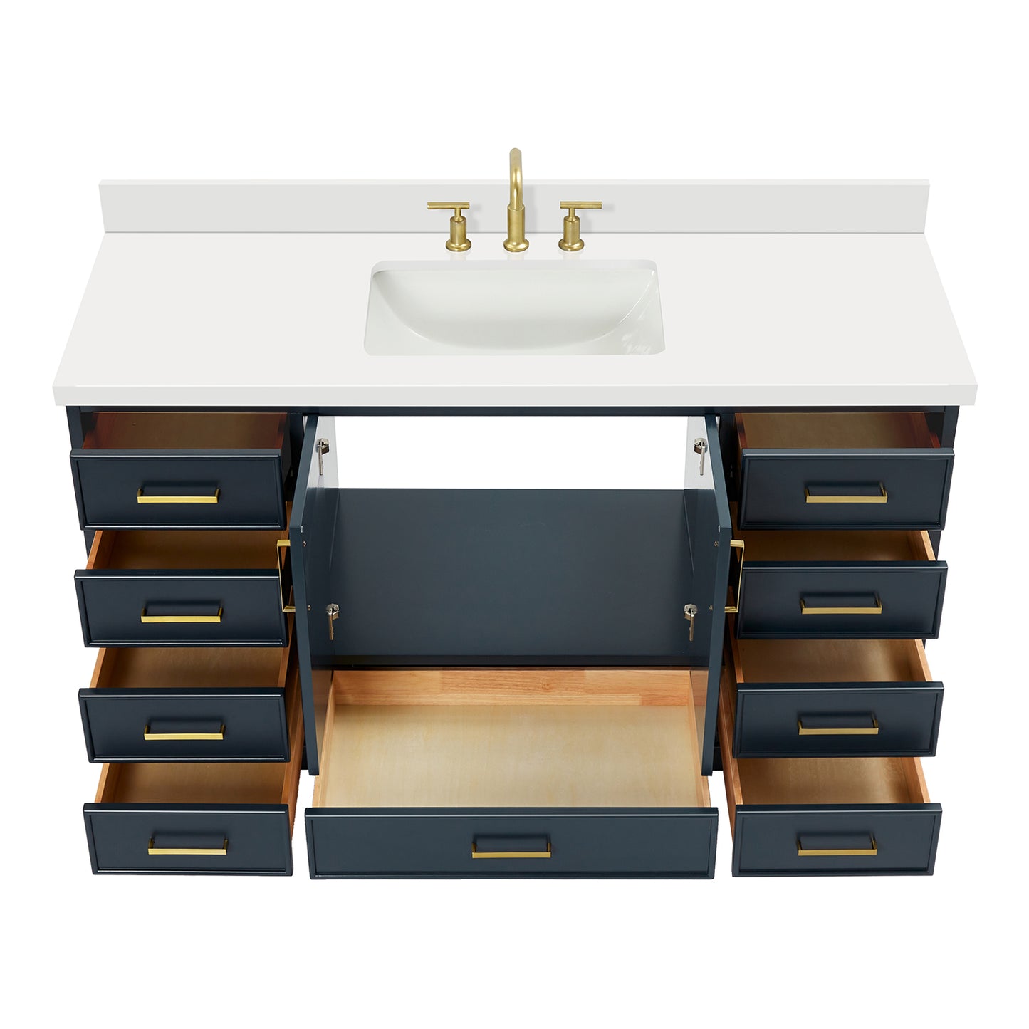 Langford 60-inch Midnight Blue bathroom vanity on white back ground front view open door