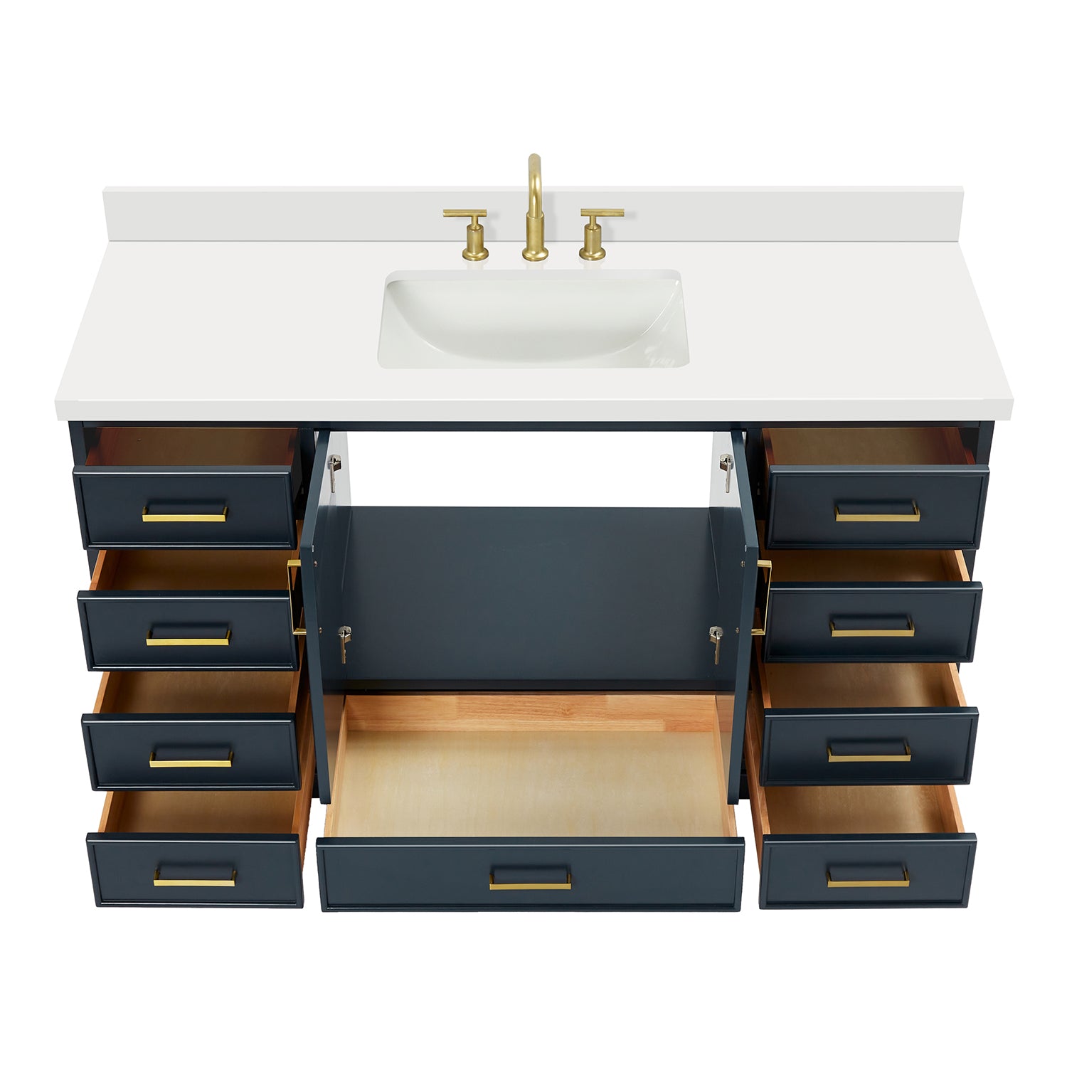 Langford 60-inch Midnight Blue bathroom vanity on white back ground front view open door